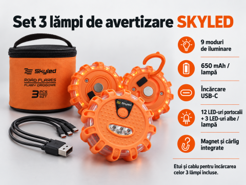 Set 3 lampi avertizare, urgenta LED, acumulator 650 mAh, 9 moduri, incarcare USB-C [5]