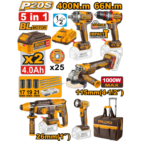 Noutati - Set 5 scule electrice 20V brushless cu 2 acumulatori 4Ah si troliu, P20S