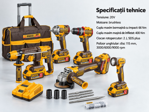 Set 5 scule electrice 20V brushless cu 2 acumulatori 4Ah si troliu, P20S [7]