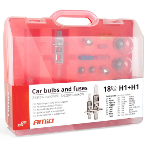 Set Becuri Auto 2 x H1 si Sigurante 18 Piese, 12V, Trusa de Rezerva Universala