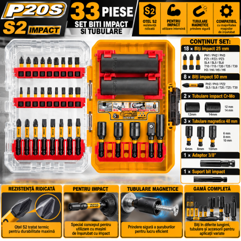 Set biti impact si tubulare 33 buc, Cr-Mo, S2 [5]