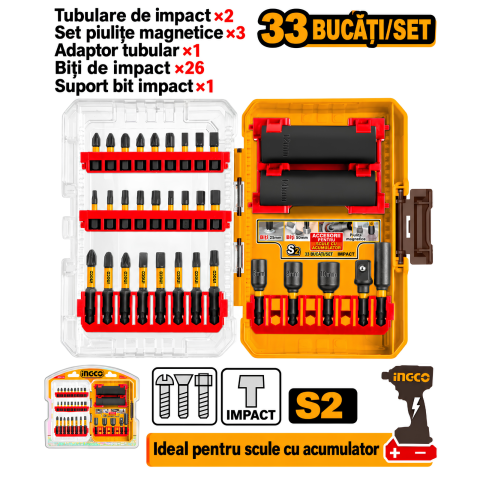 Chei si truse chei - Set biti impact si tubulare 33 buc, Cr-Mo, S2
