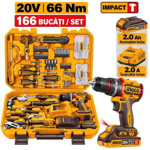 Set Bormasina 20V, 66Nm, cu 2 Acumulatori 2Ah si Trusa Scule 166 Piese, P20S