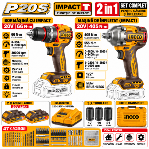 Set bormasina cu impact 20V, 66Nm, si masina de infiletat 20V, 405Nm, cu 2 acumulatori, P20S [6]