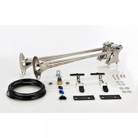 Set de doua semnale pneumatice, claxon cu kit de montare si electrovalva 24V, otel inoxidabil, 80 si 85 cm [1]