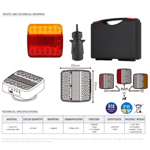 Set de lampi stop, triple cu magnet Wireless, 5 functii, 10 x 10.05cm, 12V [16]