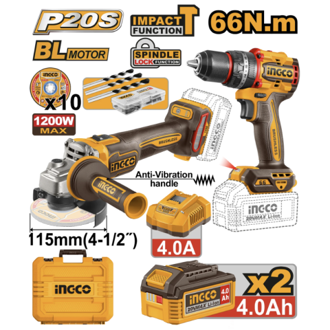 Set scule electrice 20V Brushless, masina de insurubat impact, flex unghiular 11.5cm [1]