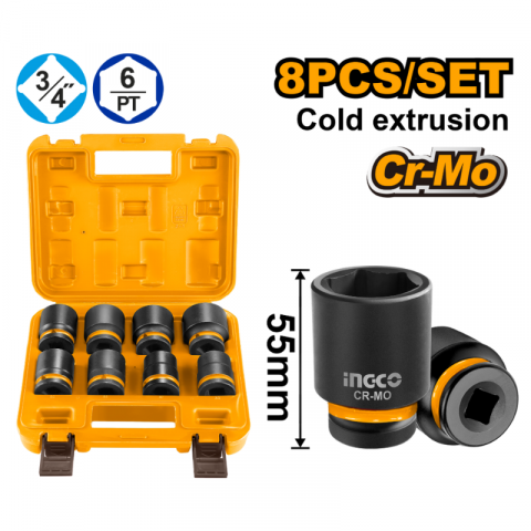Set tubulare de impact Ingco Cr-Mo, 3/4 inch, 8 piese, lungime 55mm [1]
