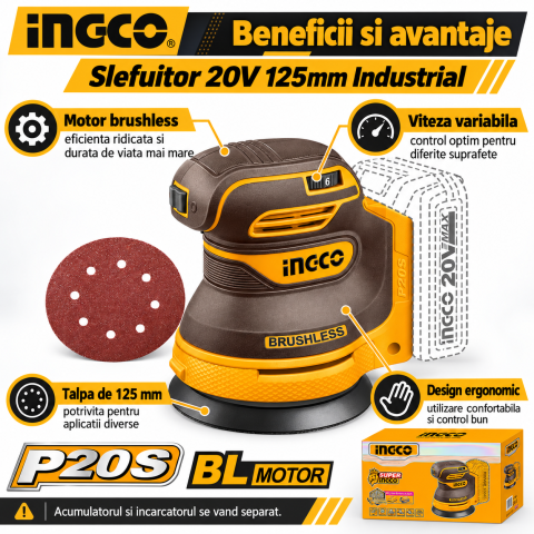 Slefuitor orbital, 20V, 125mm, viteza variabila, P20S, Brushless [2]