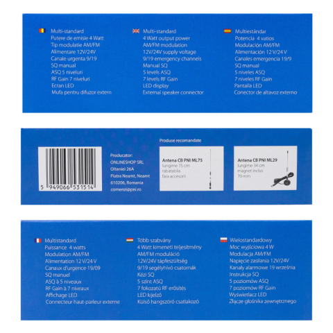 Statie Radio CB, 12V / 24V, 4W, Multi-Banda, ASQ 5 Niveluri, RF Gain, Ultra Compacta, 11,5 x 3,5cm [9]