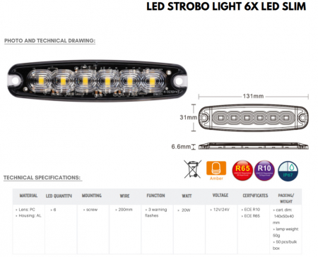 Stroboscop Slim, Lampa Speciala De Avertizare, Galbena, 6 LED-uri, 131mm - Truck LED LW0038-2 [2]