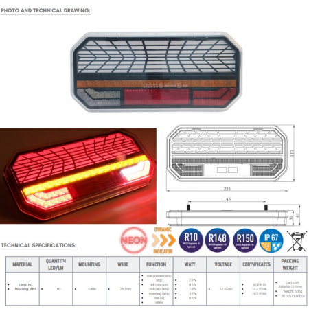 Tripla, lampa stop LED cu efect Neon si semnalizare dinamica cu 6 functii, 23.5 x 11cm [7]