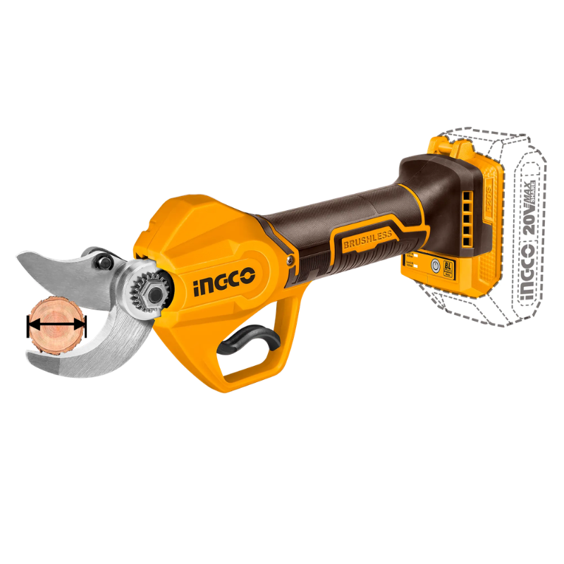 Foarfeca electrica de gradina INGCO 20V, motor Brushless, diametru de taiere pana la 30 mm, acumulator 2.0 Ah, încarcator si geanta