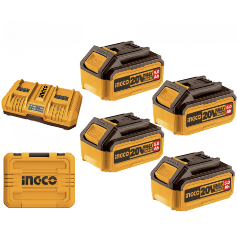 Scule electrice - Set Acumulatori Li-Ion, 20V, 5.0Ah x 4 buc, Incarcator Dublu 8A, Geanta Transport