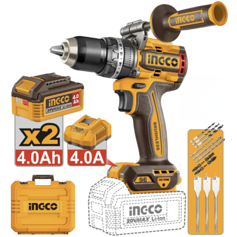 Noutati - Bormasina cu impact, 20V 96 Nm brushless, cu 2 acumulatori 4.0Ah si accesorii complete