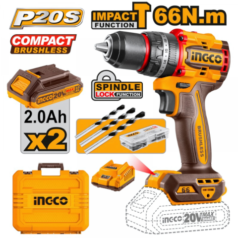 Scule electrice - Bormasina cu Impact fara perii, 20V, 66Nm, 13Nm, Mandrina Metalica, Kit complet, 47 accesorii