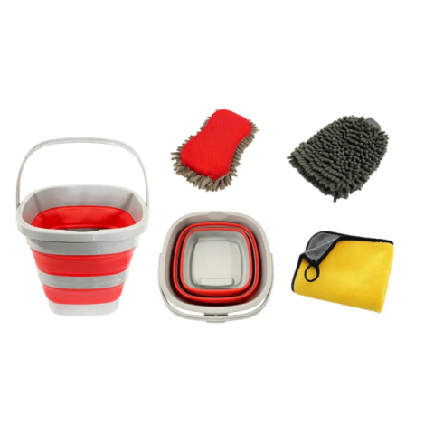 Perii si lavete auto - Set 4 accesorii pentru Ingrijirea Masinii cu Galeata Pliabila