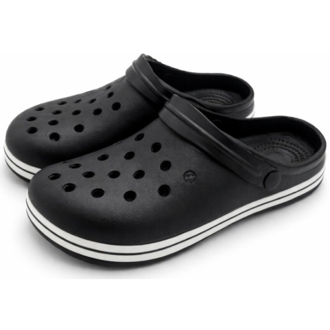 Echipamente de protectie si siguranta - Slapi, Saboti perforati unisex EVA PVC, negri cu dunga alba