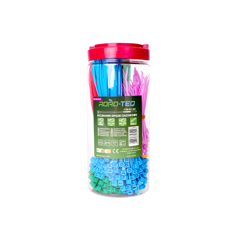 Set 500 coliere de cablu ROAD-TEQ din nylon rezistent UV, pentru organizare și fixare, 0,25 × 10 cm și 0,48 × 20 cm, multicolore [1]