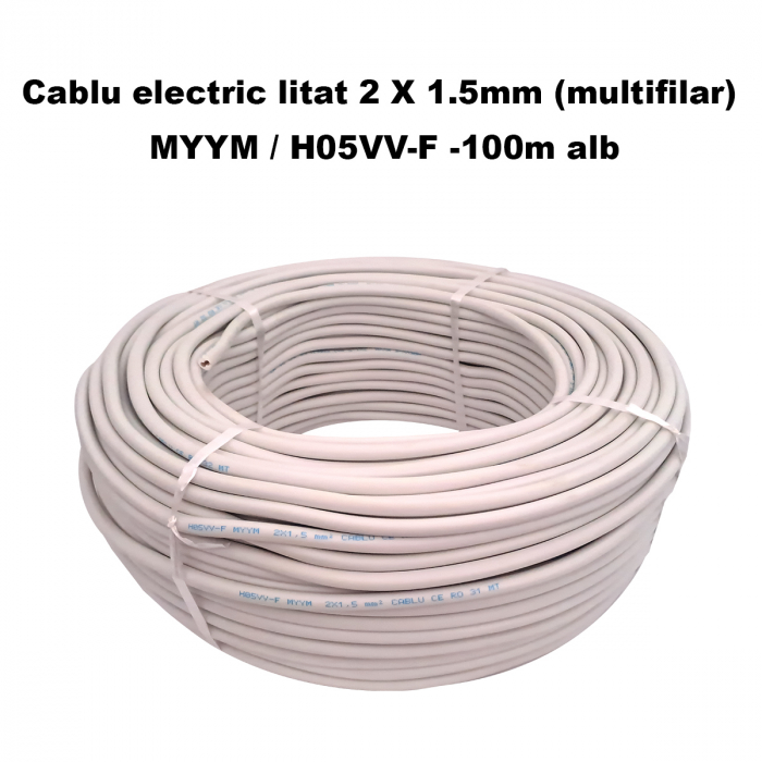 Cablu electric litat 2 X 1.5mm (multifilar) MYYM / H05VV-F, Rola 100 metri, alb [2]