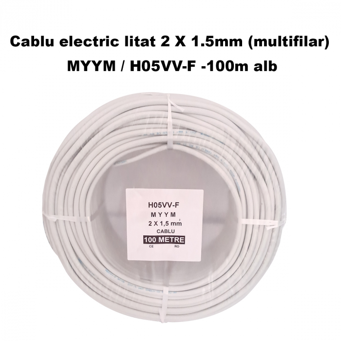 Cablu electric litat 2 X 1.5mm (multifilar) MYYM / H05VV-F, Rola 100 metri, alb [3]