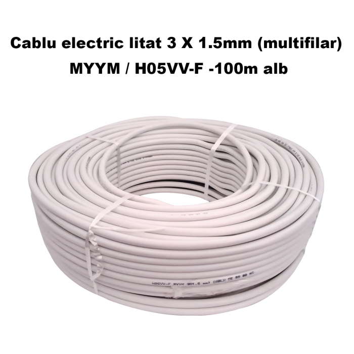 Cablu electric litat 3 X 1.5mm (multifilar) MYYM / H05VV-F, Rola 100 metri, alb [2]