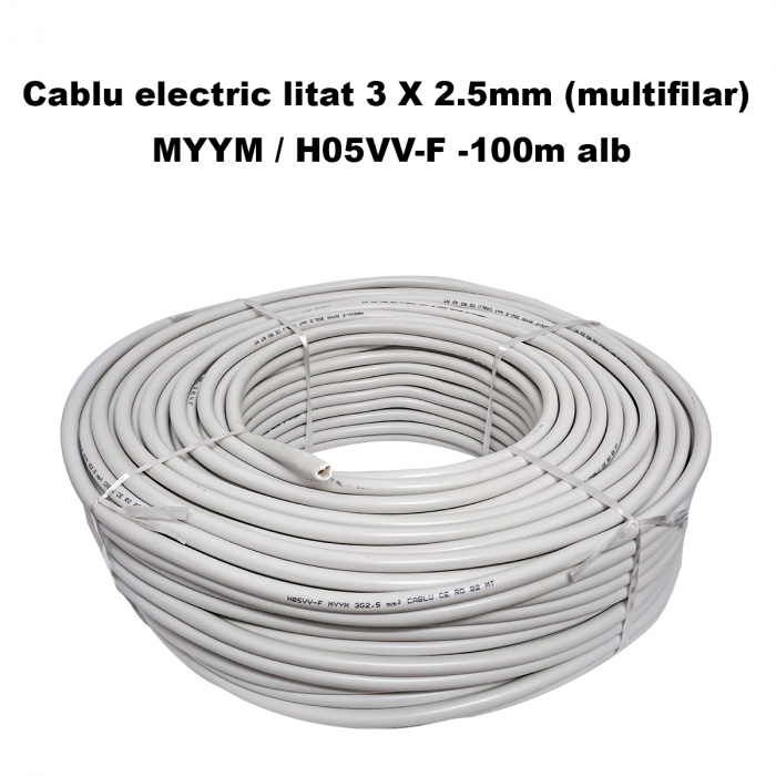 Cablu electric litat 3 X 2.5mm (multifilar) MYYM / H05VV-F, Rola 100 metri, alb [2]