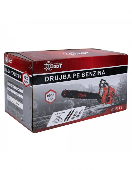 Drujba (motofierastrau) pe benzina DDT 0053, 6 CP, 58 CC, 2 timpi, 45 cm lungime lama, pornire la sfoara, 0.55 l capacitate rezervor, 0.325 pas lant, 2 lame, 2 lanturi [7]