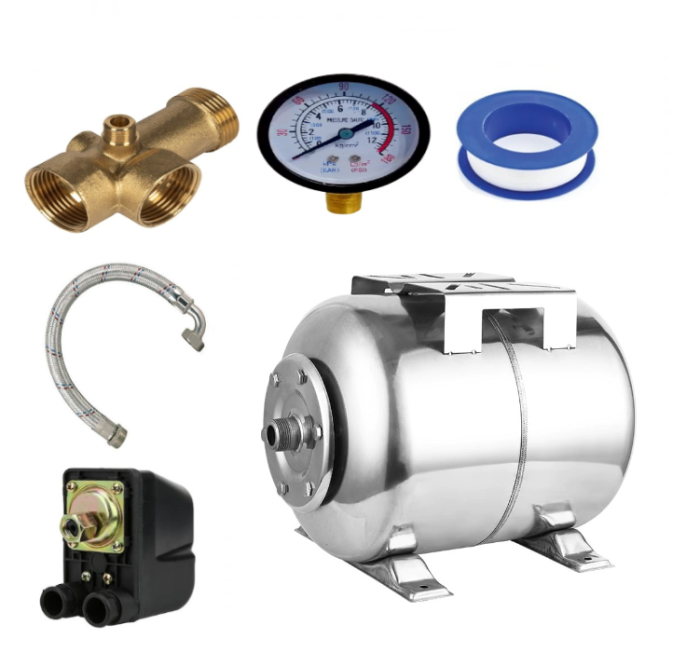 Kit accesorii hidrofor, vas expansiune 50L inox DDT, presostat, manometru, racord 5 cai bronz, furtun racord inox cu cot 60cm [1]