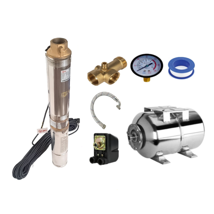 Kit complet hidrofor Pompa submersibila de adancime, DDT, 4QJD2-8, 1500 W, 8 turbine, 7 mc/h , 25 metri cablu+ Bazin inox 50 L + accesorii [1]