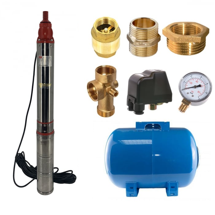 Kit complet hidrofor, Pompa submersibila de apa curata 1800 W, 12 turbine, Cablu alimentare 15 Metri, Bazin hidrofor 50 Litri, accesorii incluse [1]