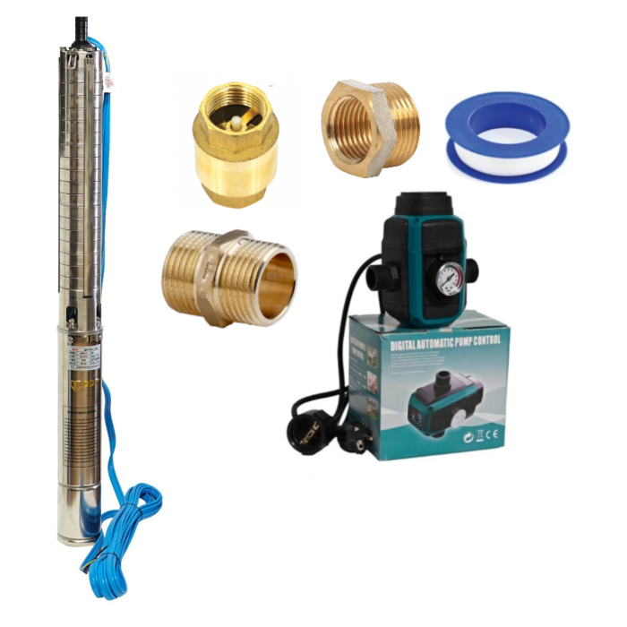 Kit Pompa submersibilă de adâncime DDT 4SP5/17 – 2 kW, 3CP, 9 m³/h, 120 m inaltimea de refulare , 17 turbine inox, rezistenta la nisip+ Presostat electronic inteligent digital reglabil DDT + accesorii [1]