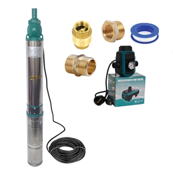 Kit Pompa submersibila de mare adancime, DDT, QJD120-1.5, 1500 W, Inox, 8 turbine, apa curata + Presostat electronic inteligent digital reglabil DDT + accesorii [1]
