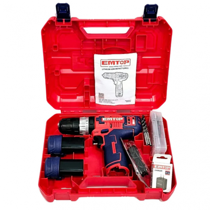 Masina de gaurit si insurubat cu impact, cu 2 baterii 1.5Ah, incarcare prin cablu tip C, 45Nm, 50 accesorii, cutie de transport, fara incarcator - ECiDL12620, EMTOP [4]
