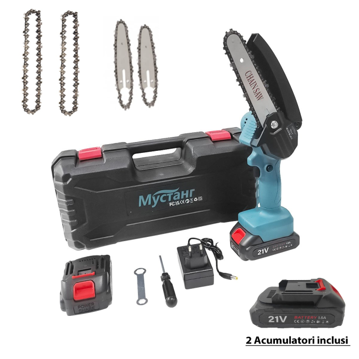 MINI DRUJBA MUSTANG CU 2 ACUMULATORI, 550 W, 21 V, 1.5 AH, LAMA 18.5 cm + 2 LAME si 2 LANTURI [2]