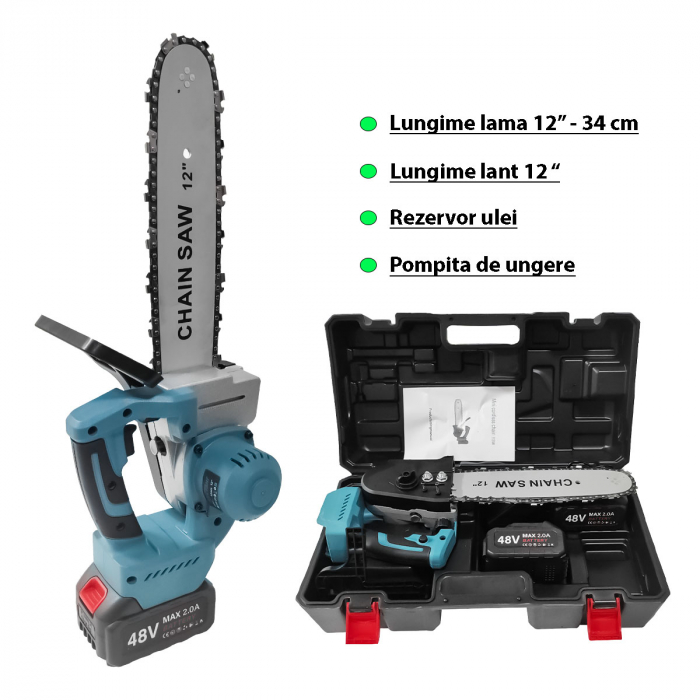 DRUJBA CU 2 ACUMULATORi , DDT , LAMA 12 " ( 34 CM ) , LANT 34 CM , 24 V , 2 AH , REZERVOR ULEI , POMPITA UNGERE , MODEL 2023 [4]