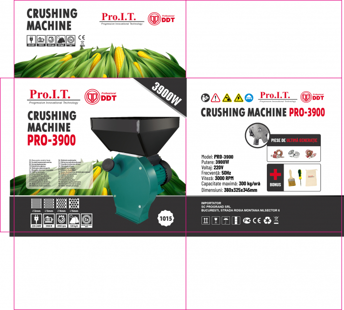Moara electrica cu suport din metal pentru cereale si stiuleti (2 in 1), DDT-PRO.I.T. Cuva Mare, motor 3,9 kw , 3000 rpm, 320 kg/h, 4 site de rezerva, 20 ciocanele,bonus sac,surubelnita si perie. [10]