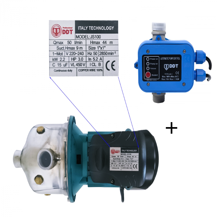 Pachet promo Pompa autoamorsanta de suprafata, DDT, JS100, 2200 W, 3000l/h + Presostat electronic automat DDT LS1, 1.1kW, 10 bar [1]