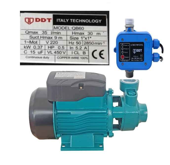 Pachet promo Pompa de suprafata DDT QB60, 370 W, aspiratie 7 m, refulare 30 m, BOBINAJ CUPRU + Presostat electronic automat DDT LS1, 1.1kW, 10 bar [1]