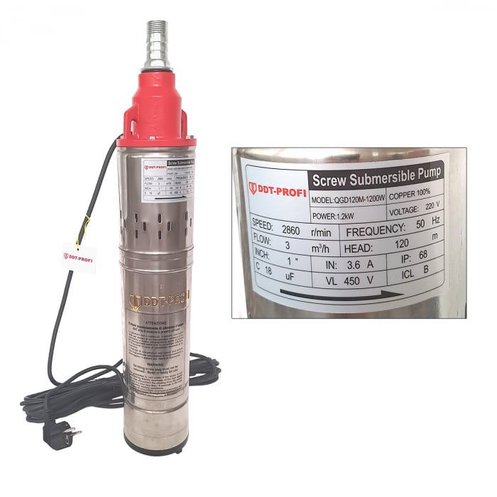 Pachet promo Pompa submersibila, Bobinaj 100% cupru, DDT-PROFI, QGD120-1.2 , 1.2 kW, Inox + Fonta, 3 m³/h, 120 m + Prescontrol LS6 [5]