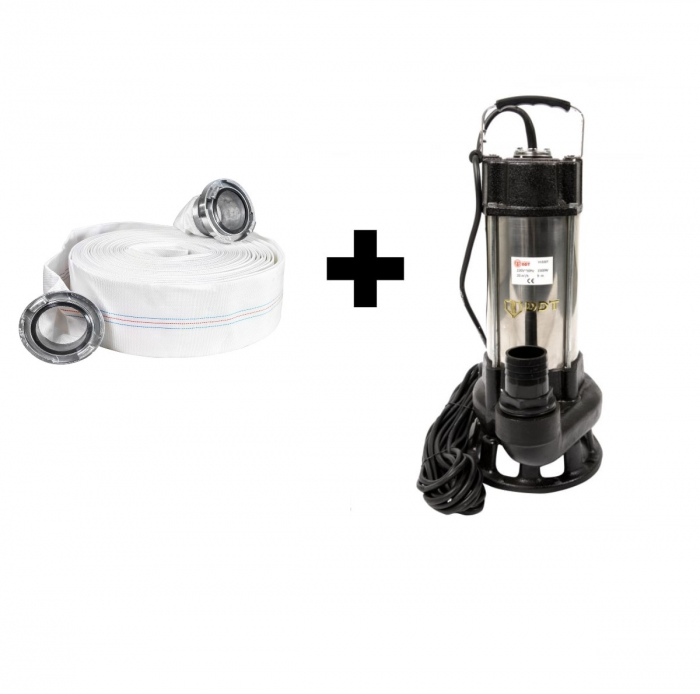 Pachet promo Pompa submersibila cu dublu tocator pentru apa murdara, DDT, V1500T, 1500W Inox + Furtunul de pompier 2'' 20 m, 8 bari, cu cuple [1]