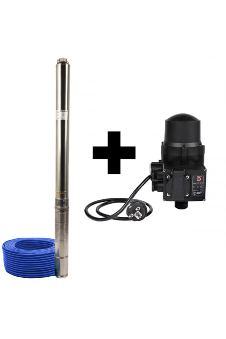Pachet promo Pompa submersibila de mare adancime, DDT, 4SDM3-20, 2500 W, 20 turbine, 12 m³/h Inox, 30 m cablu + Presostat electronic automat DDT, LS-4 [1]