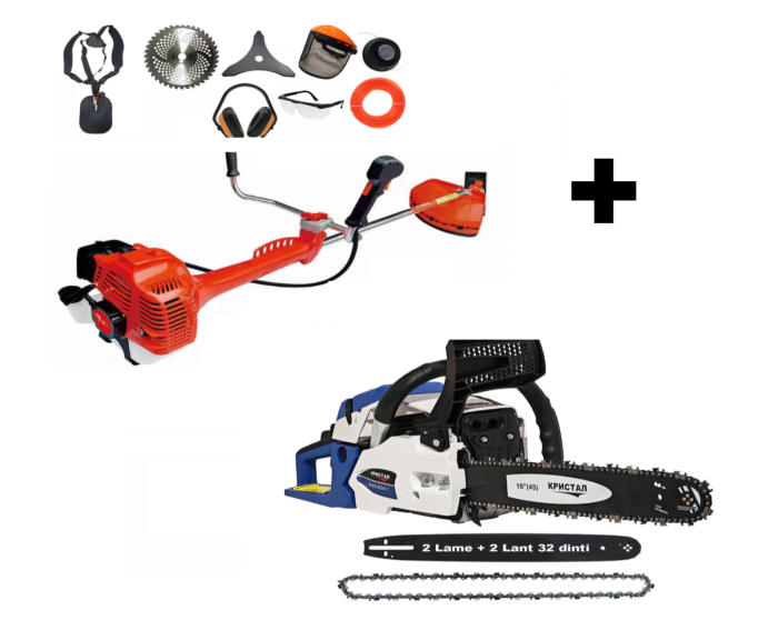 Pachet promo Drujba pe benzina DDT KRISTAL, motor 2 Timpi, 2 lame + 2 lanturi, 7 Cp, 58 cmc, lama 50 cm ,demaror din magneziu, Pornire Easy-Start +  Motocoasa DDT DDT-0043, 6,5 CP, 51,7 CC, 2 timpi, 6 [1]
