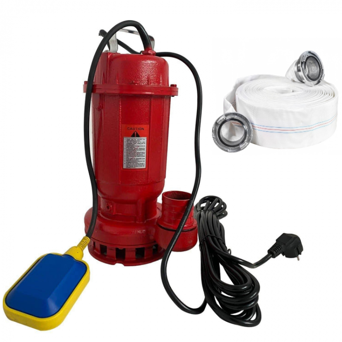 Pachet promo Pompa apa murdara din fonta rosie WQD10 cu plutitor, 1100 W, 15 m³/h + Furtunul de pompier 2'' 20 m, 8 bari, cu cuple [1]