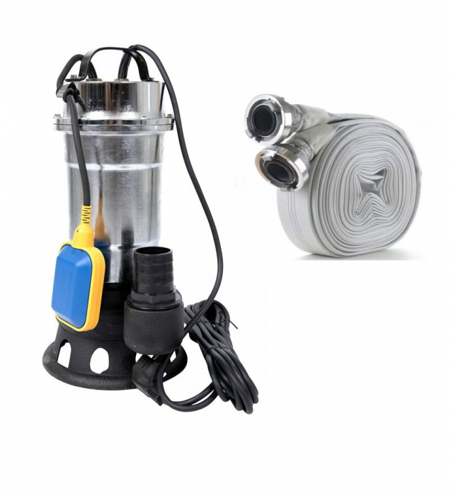 Pachet promo Pompa pentru apa murdara cu plutitor fara tocator, DDT, Inox, SWP2550F, 2550 W, 25 mc/h + Furtunul de pompier 2'' 20 m, 8 bari, cu cuple [1]
