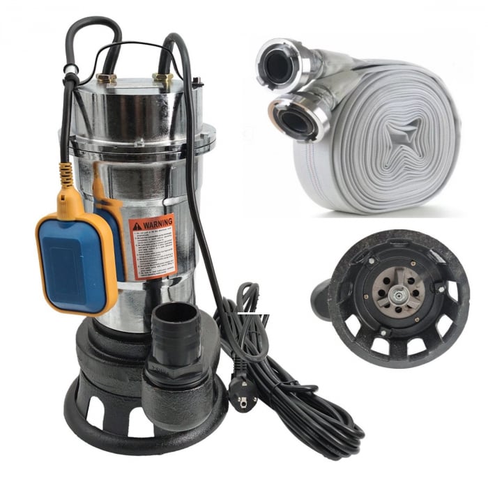 Pachet promo Pompa pentru apa murdara , cu plutitor si tocator , 3000 W , Adancime evacuare maxim 8 Metri, corp inox + Furtunul de pompier 2'' 20 m, 8 bari, cu cuple [1]