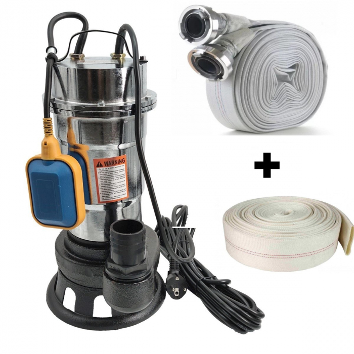 Pachet promo Pompa pentru apa murdara DDT, cu plutitor si tocator , 3000 W , Adancime evacuare maxim 8 Metri, corp inox + Furtunul de pompier 2'' 20 m, 8 bari, cu cuple + Furtunul de pompier 2'' 20 m [1]