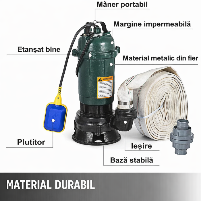 Pachet promo Pompa submersibila apa murdara, cu plutitor, fara tocator, DDT, WQD10, 2200 W, 10 m³/h, 8 m + Furtunul de pompier 2'' 20 m, 8 bari, cu cuple - RESIGILATA [2]