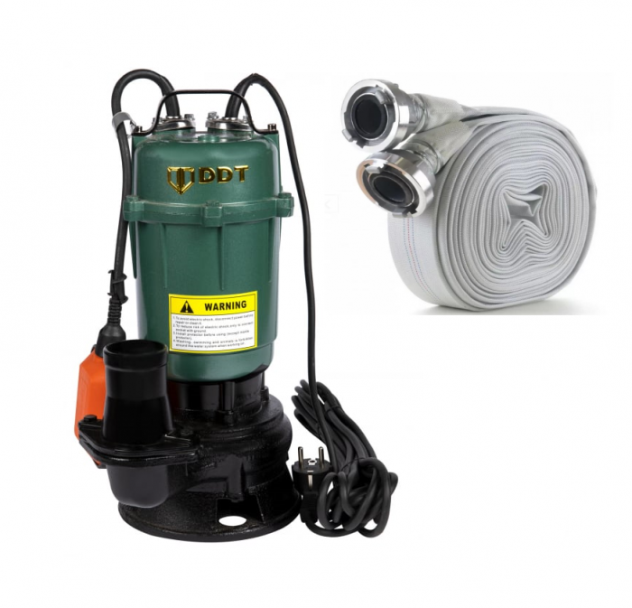 Pachet promo Pompa submersibila apa murdara, cu plutitor, fara tocator, DDT, WQD10, 2200 W, 10 m³/h, 8 m + Furtunul de pompier 2'' 20 m, 8 bari, cu cuple [1]