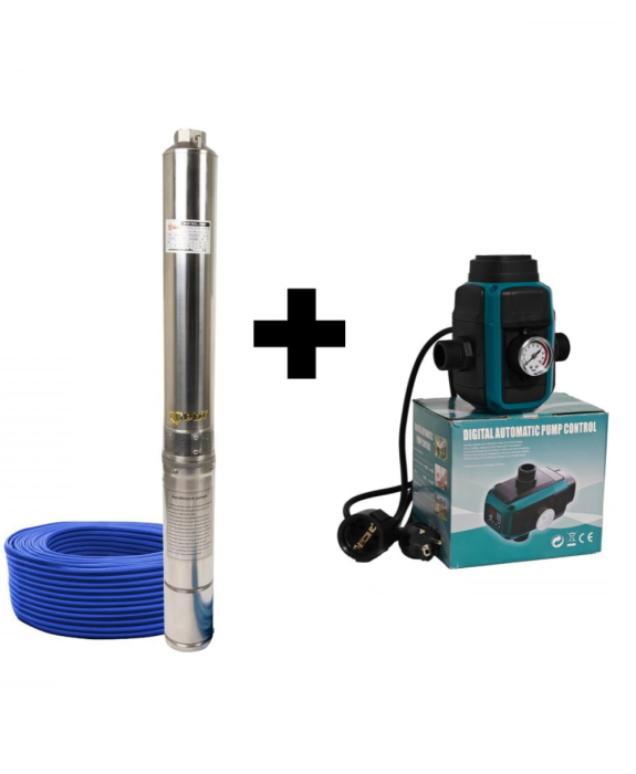 Pachet promo Pompa submersibila de mare adancime, DDT, 4SDM3-7, 1500 W, 7 m³/h, 7 turbine, Inox, 30 m cablu + Presostat electronic inteligent digital reglabil DDT [1]